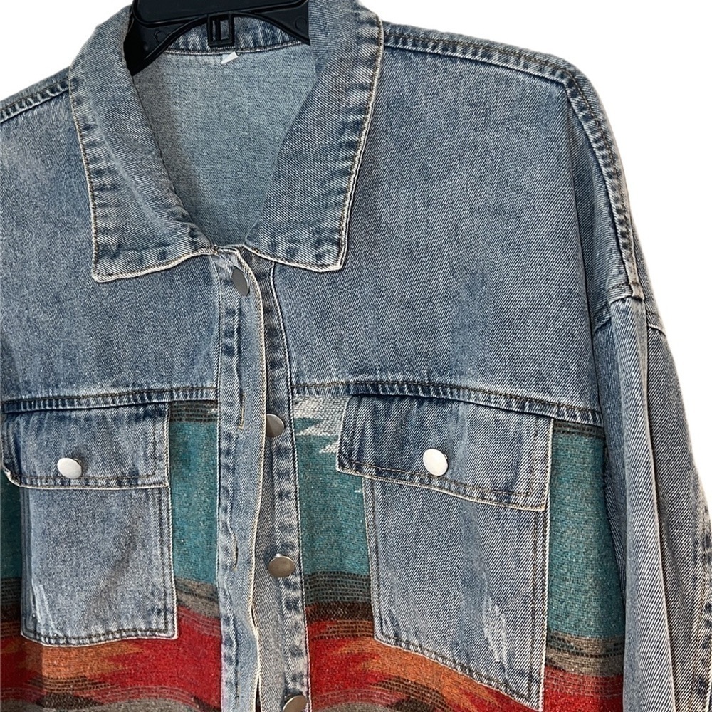 Denim Southwest Blanket Chouyatou Navaho Blanket Print Button Jacket L - Picture 5 of 16